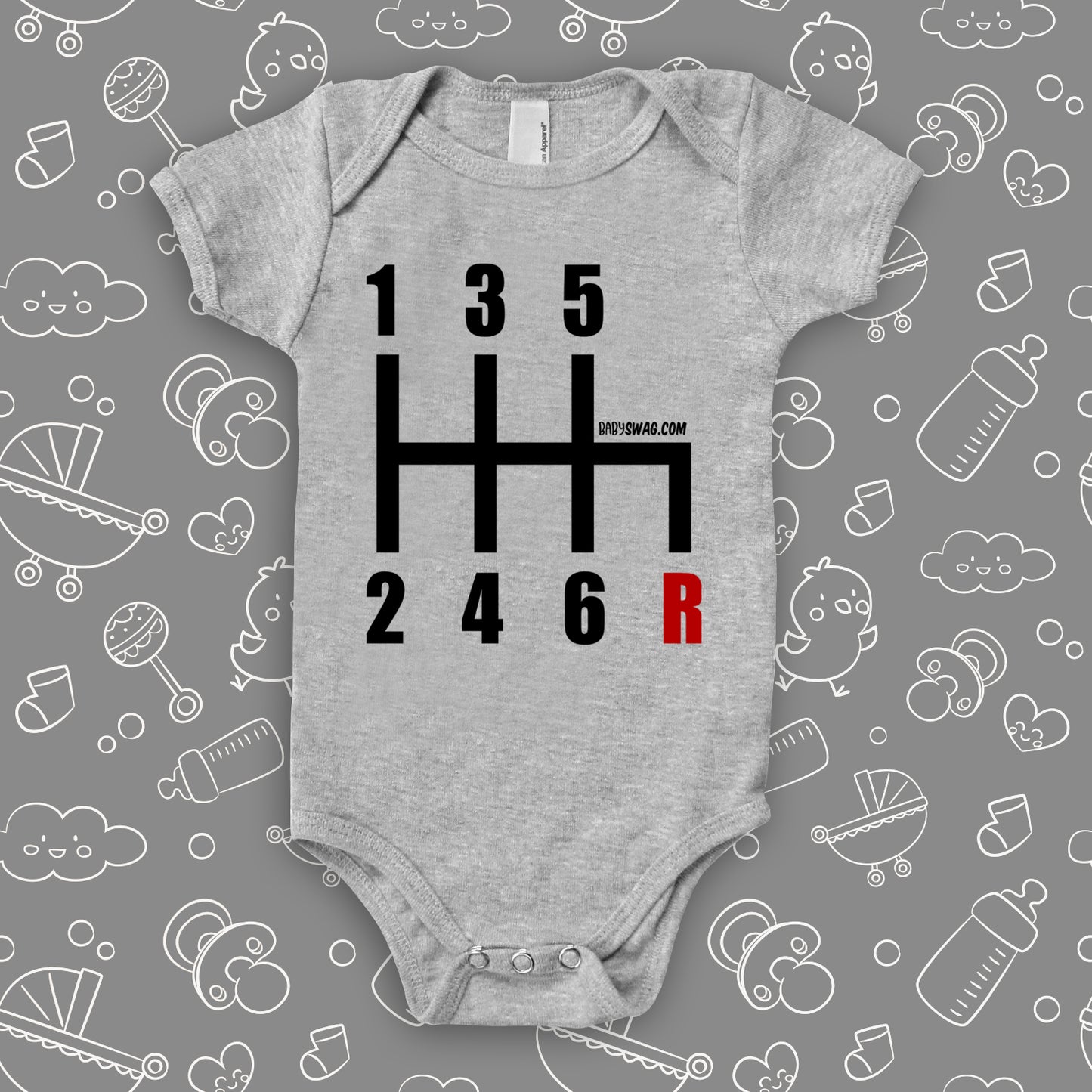 The "6 Gearshirt Race Car" graphich baby onesies in grey. 