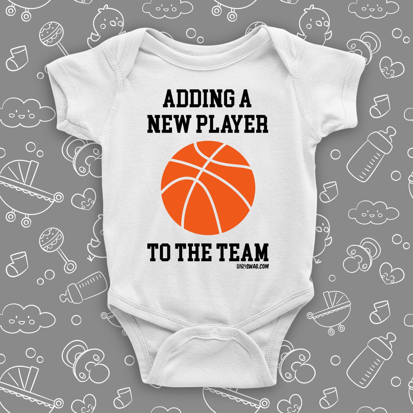 Unique baby onesies with saying "Adding A New Player To The Team" in grey.
