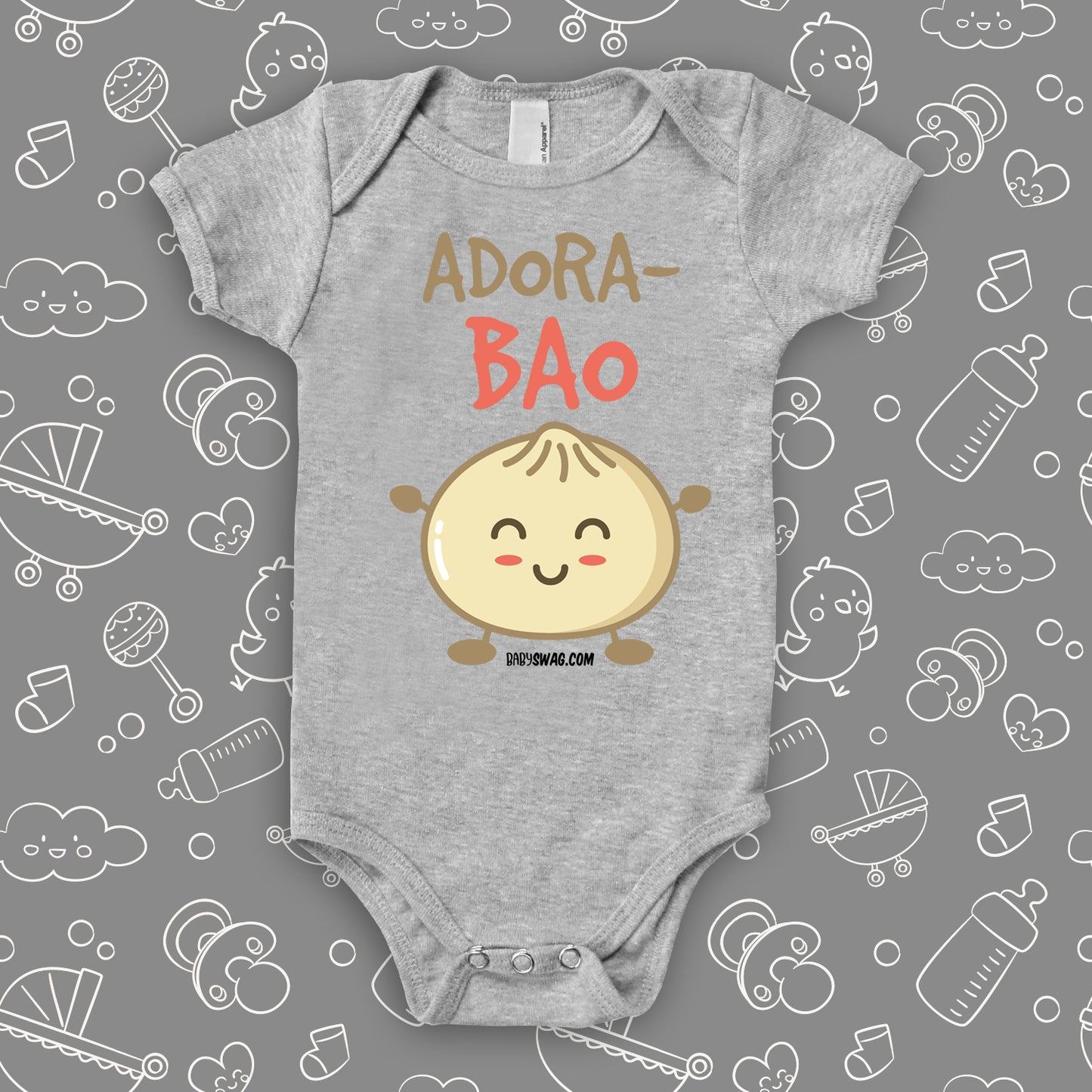 Cute baby onesies with saying "Adora-Bao" in grey.