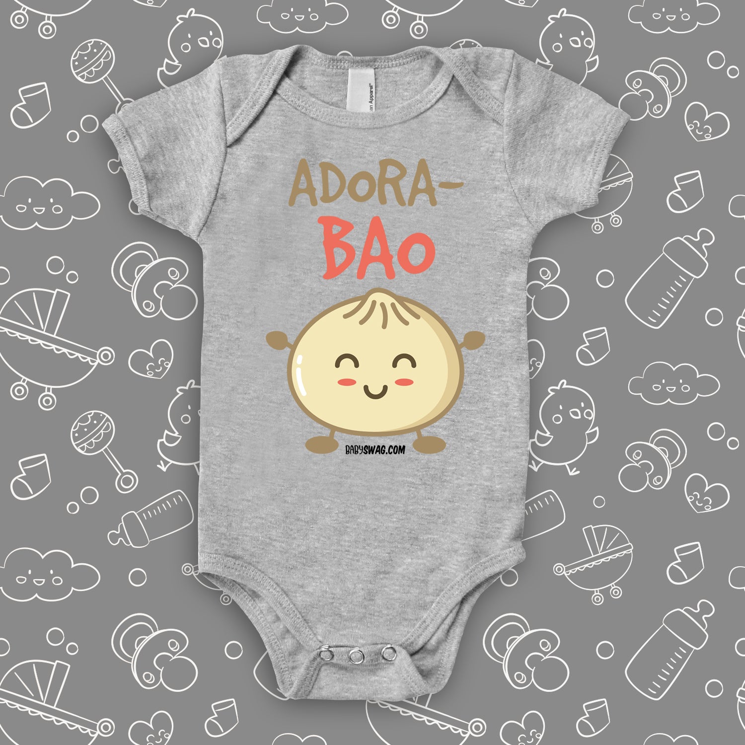 Cute baby onesies with saying "Adora-Bao" in grey.