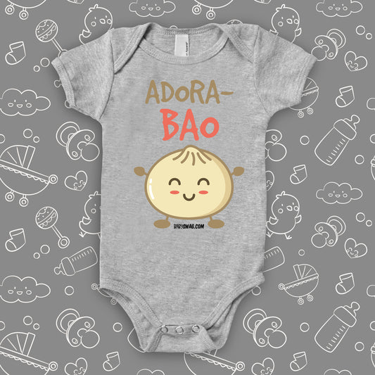 Cute baby onesies with saying "Adora-Bao" in grey.