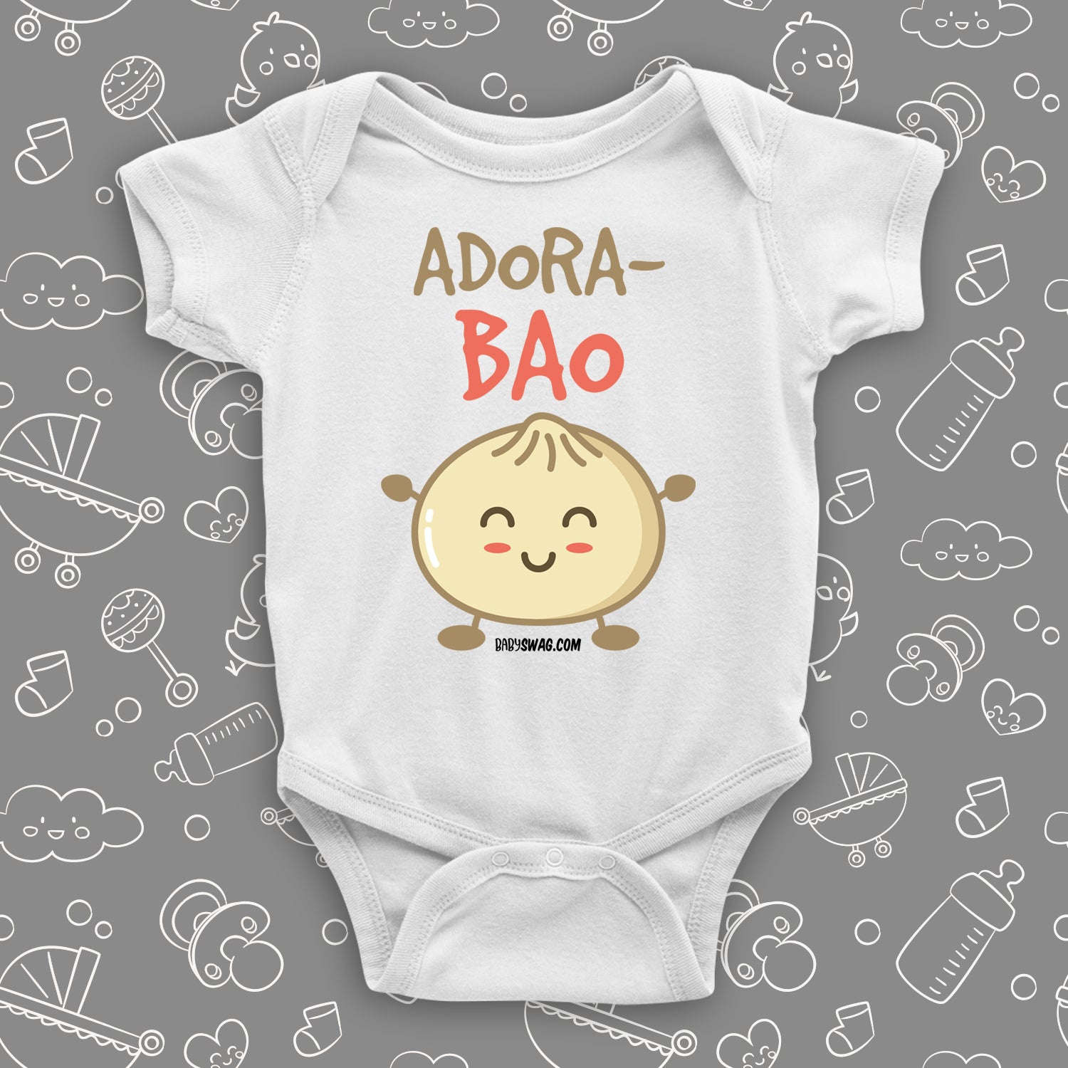 Cute baby onesies wuth saying "Adora-Bao" in white.