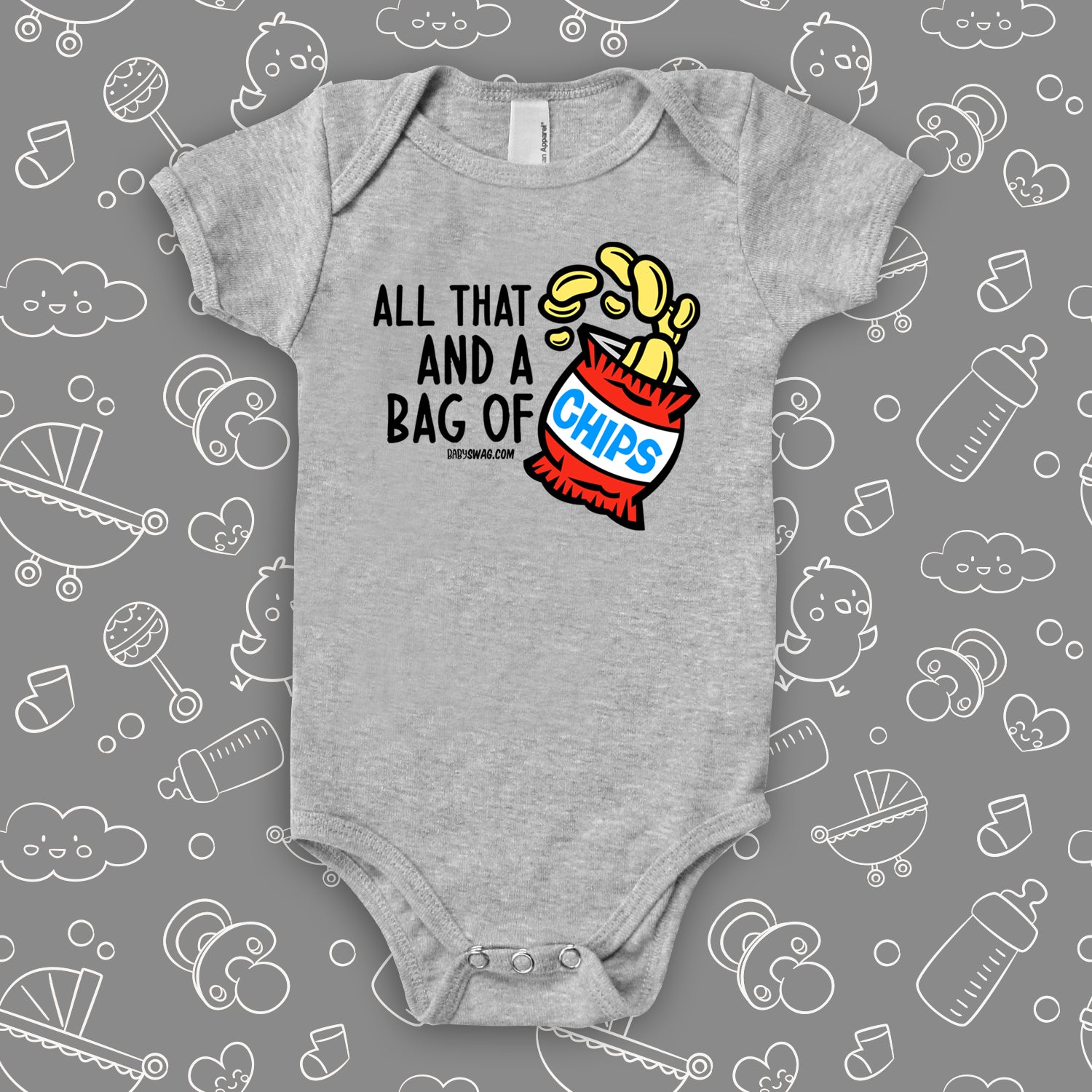 "All that and a bag of chips" cool baby onesie in grey.