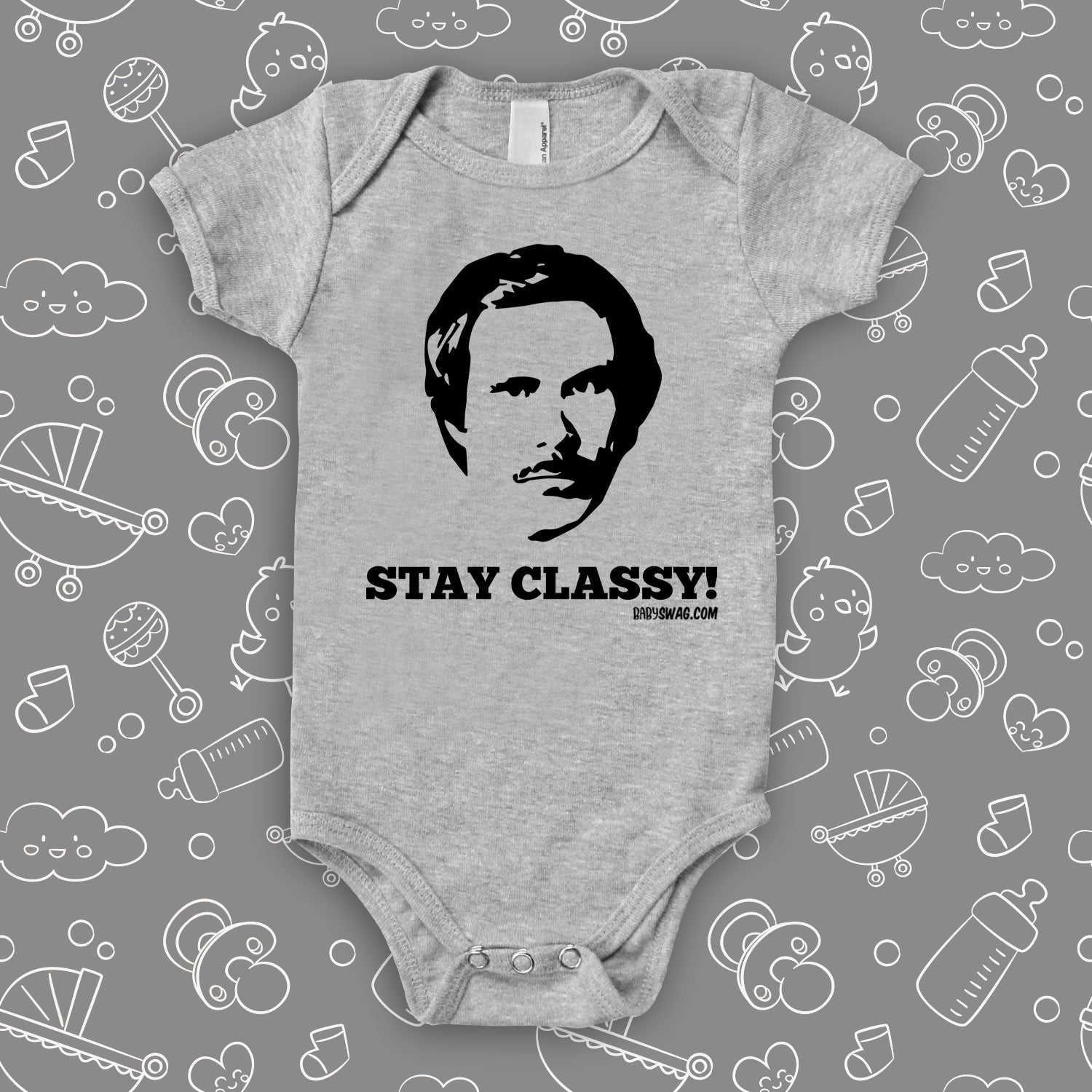 The ''Stay Classy!'' baby onesies grey.