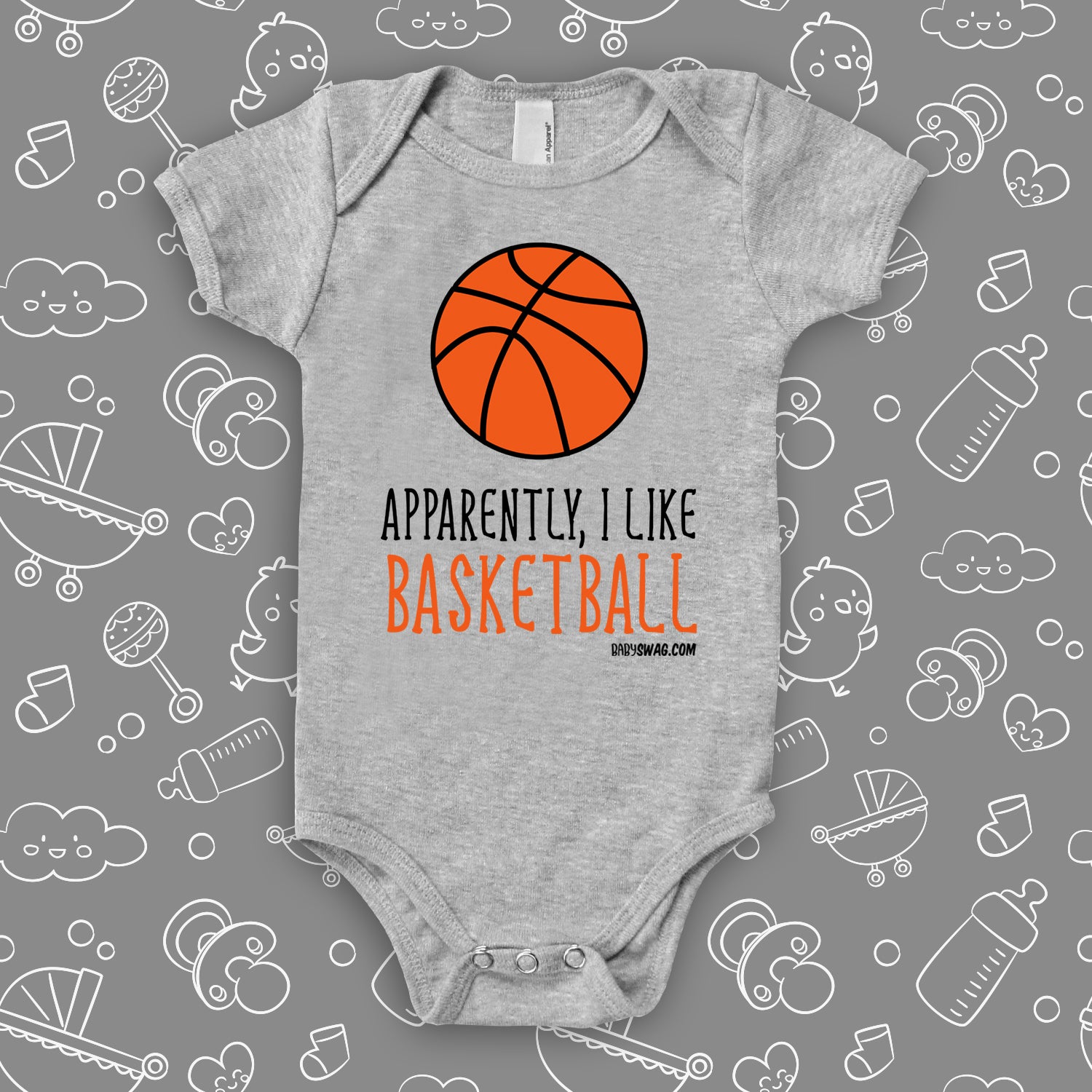 Cute baby boy onesies with saying "Apparently, I Like Basketball" in grey.