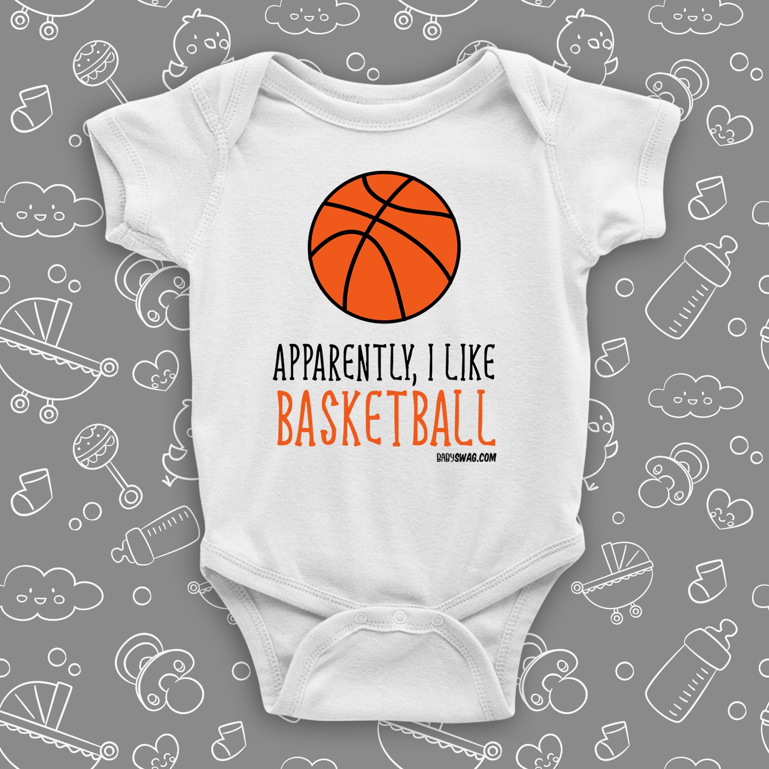 Cute baby boy onesies with saying "Apparently, I Like Basketball" in white.
