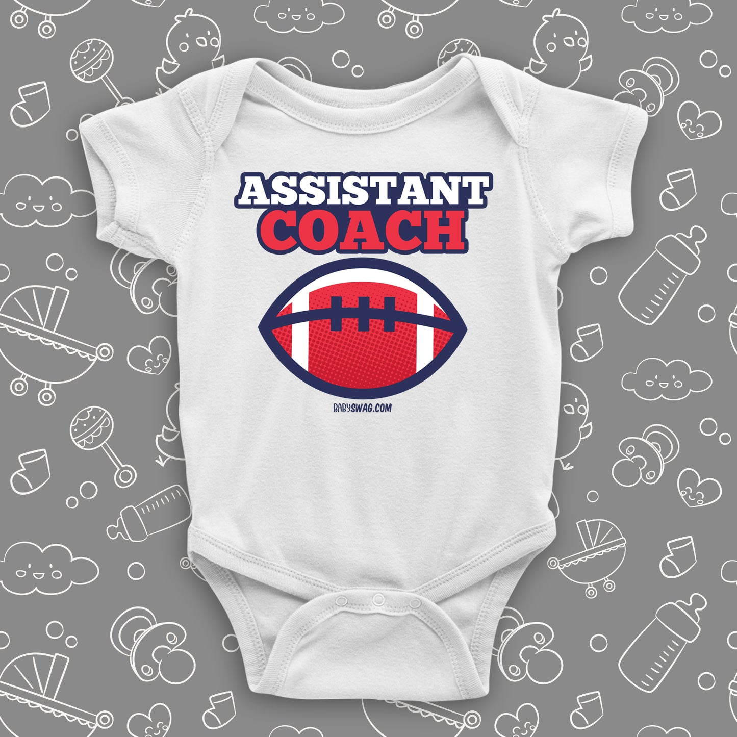 Cool baby boy onesie saying "Assistant coach", in white.