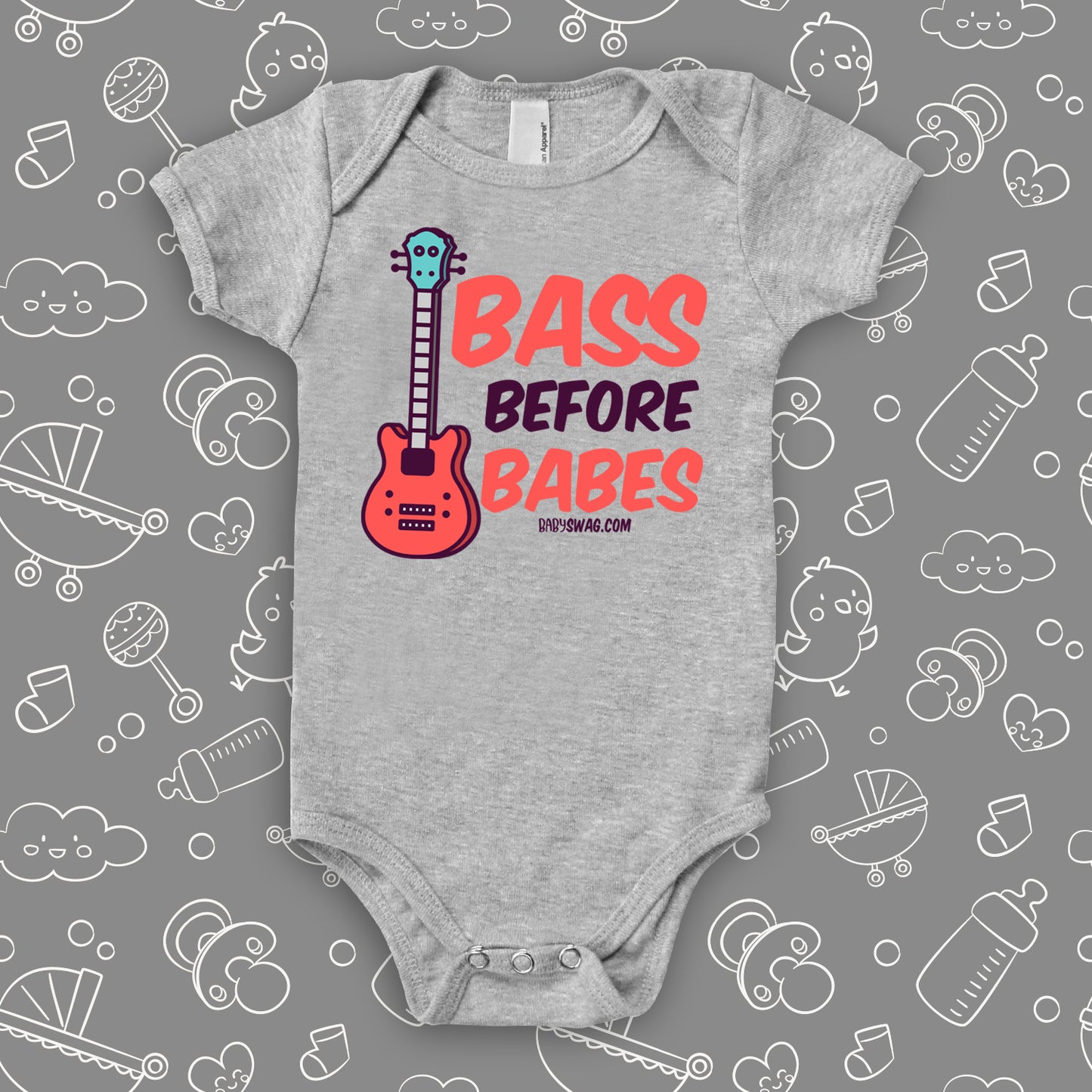 Cute baby boy onesies with saying "Bass Before Babes" in grey. 