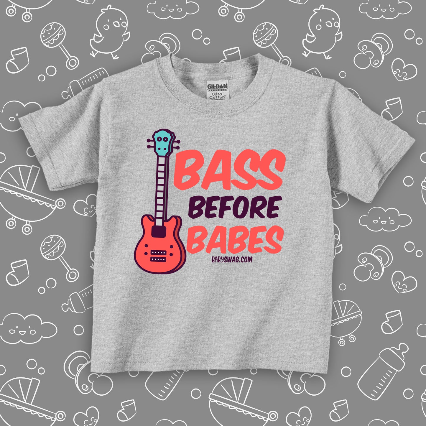 Toddler boy shirt with saying "Bass Before Babes" in grey.