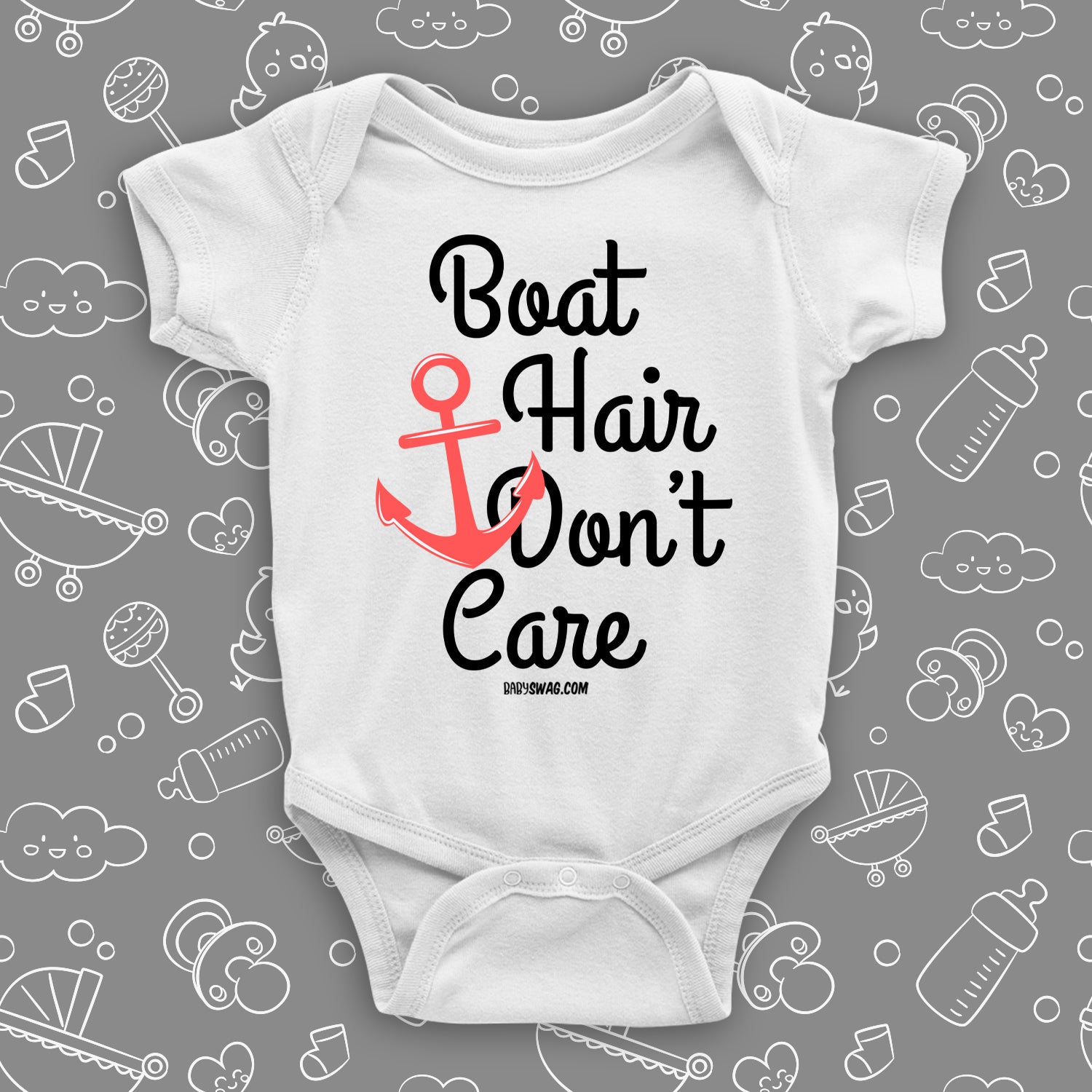 Cute baby girl onesies with saying "Boat Hair Don't Care" in white.