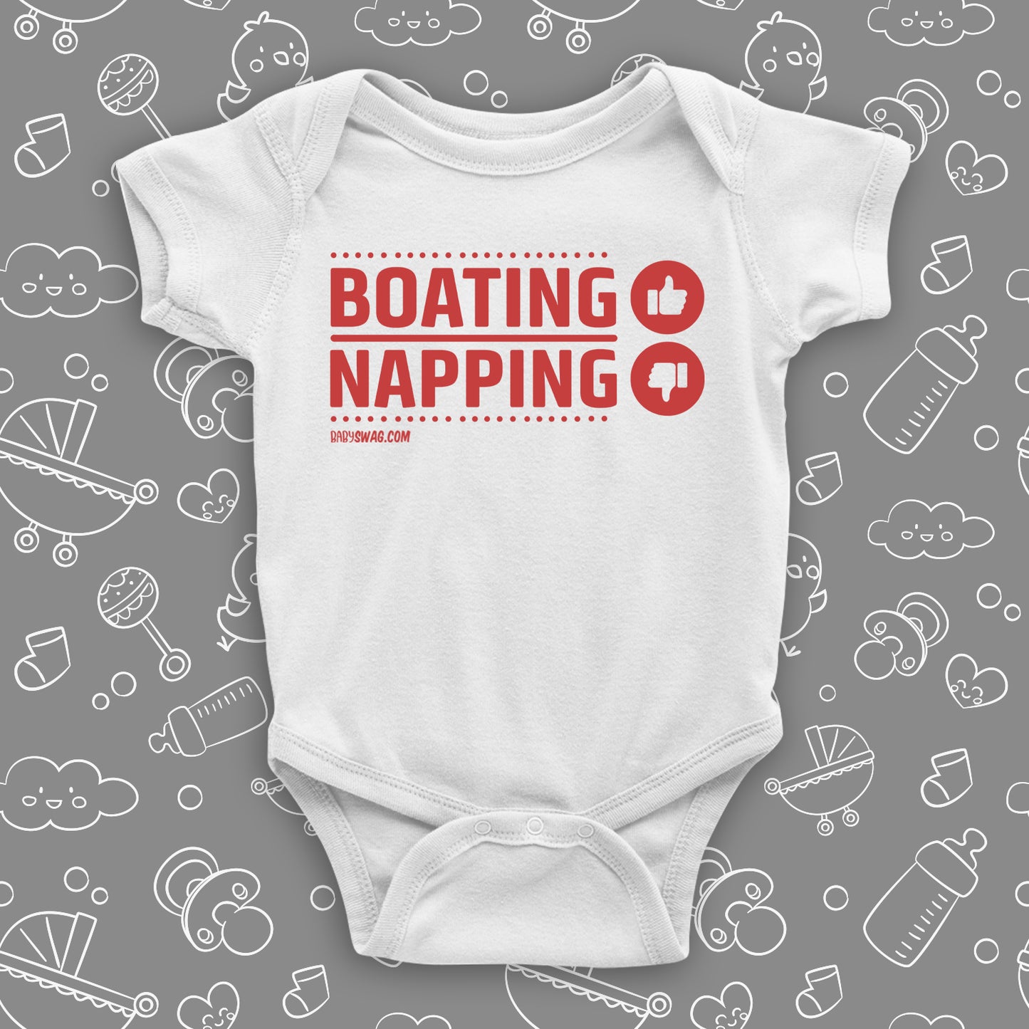 Cool baby onesies with saying "Boating, Napping" in white.
