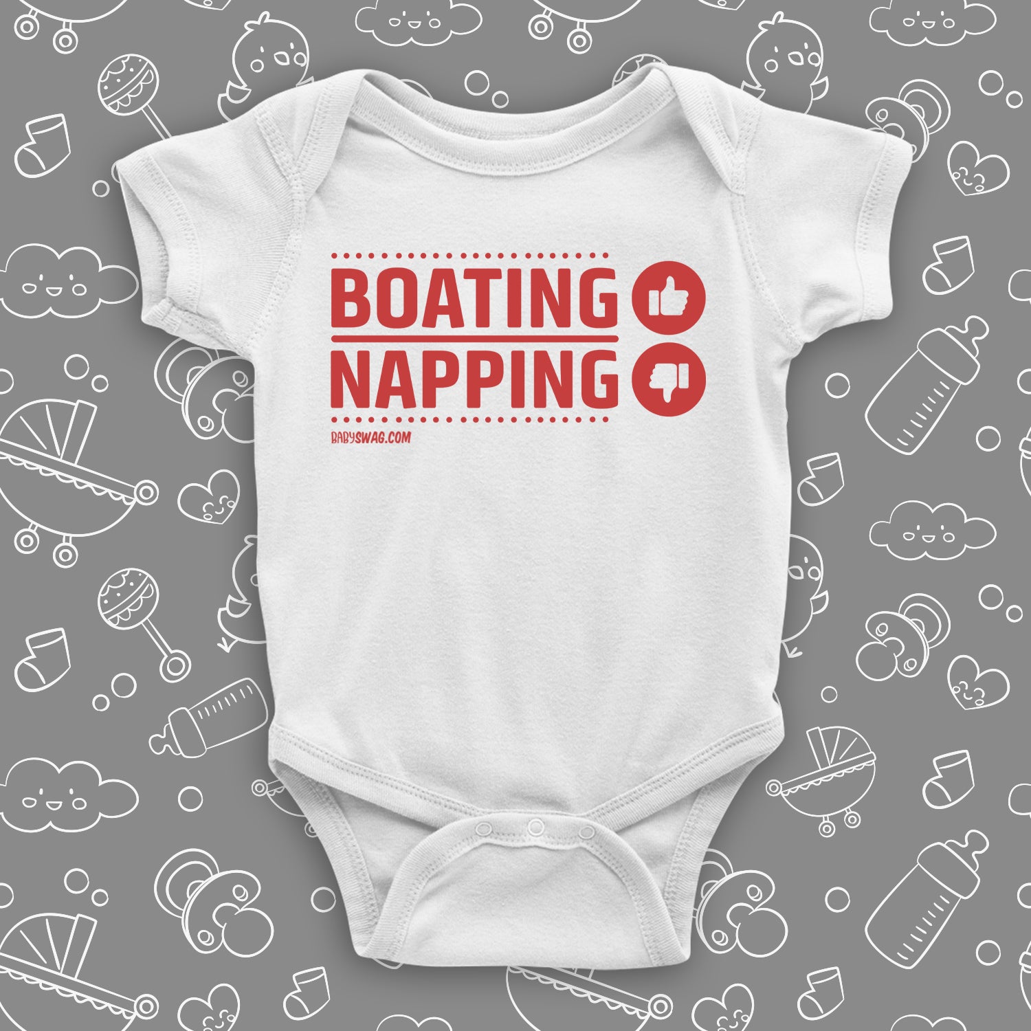 Cool baby onesies with saying "Boating, Napping" in white.