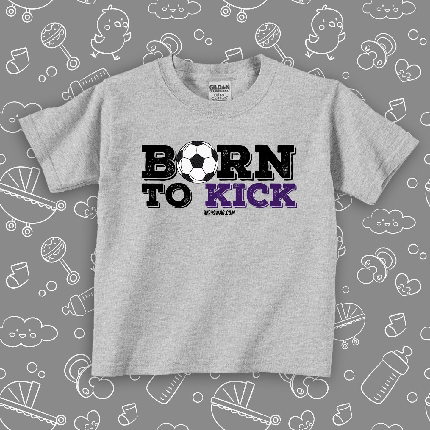 The "Born To Kick" toddler boy shirt in grey with soccer ball print.