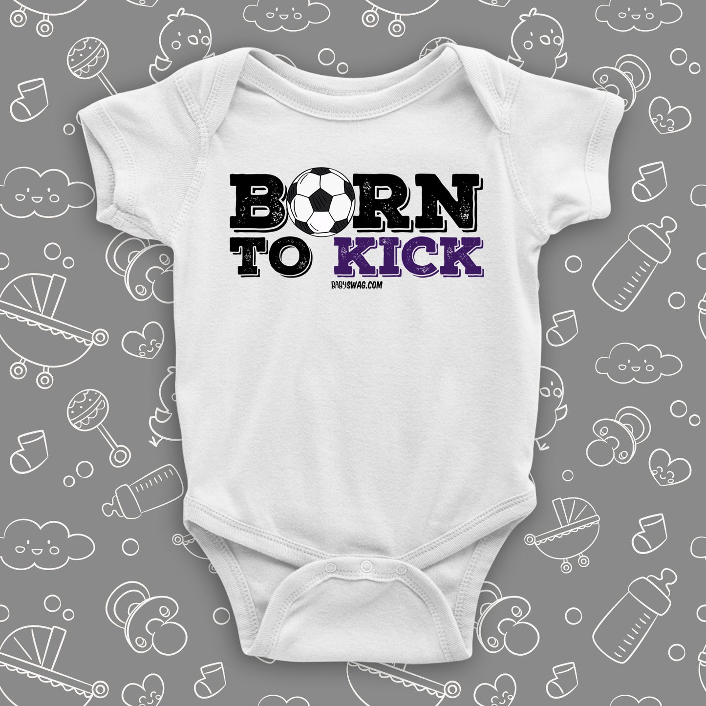 Cute baby boy onesies with saying "Born To Kick" in white.