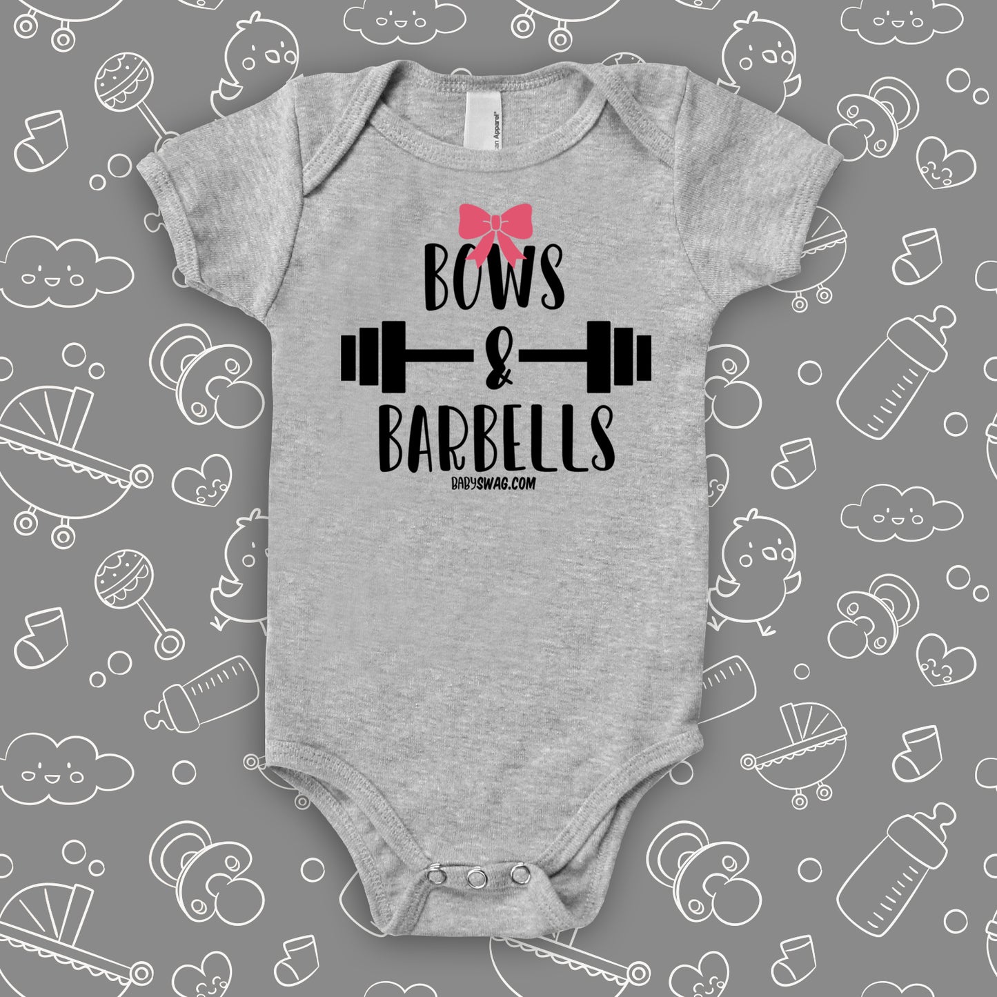 The ''Bows & Barbells'' cute baby girl onesie in gray