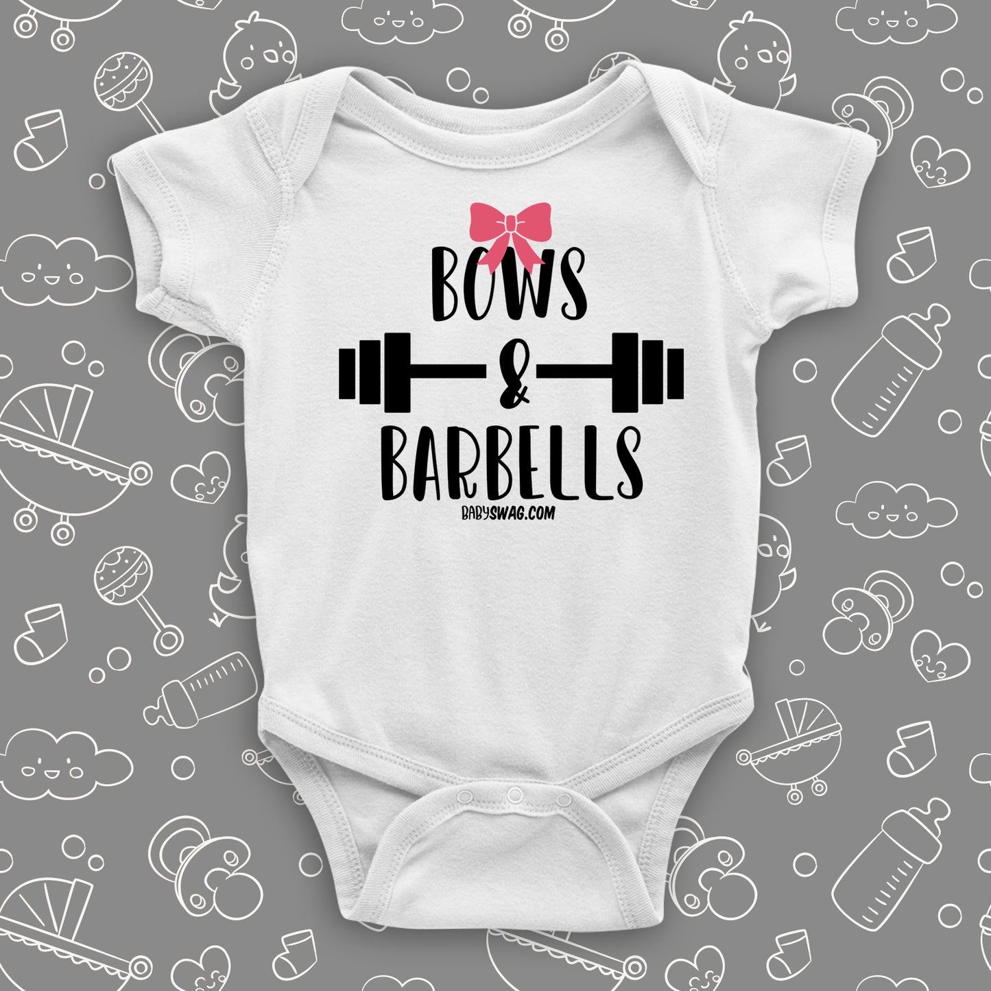 The ''Bows & Barbells'' cute baby girl onesie in white