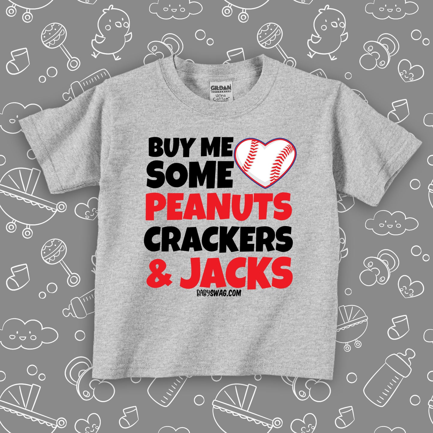 Toddler graphic tee with saying "Buy Me Some Peanuts, Cracker & Jacks" in grey.