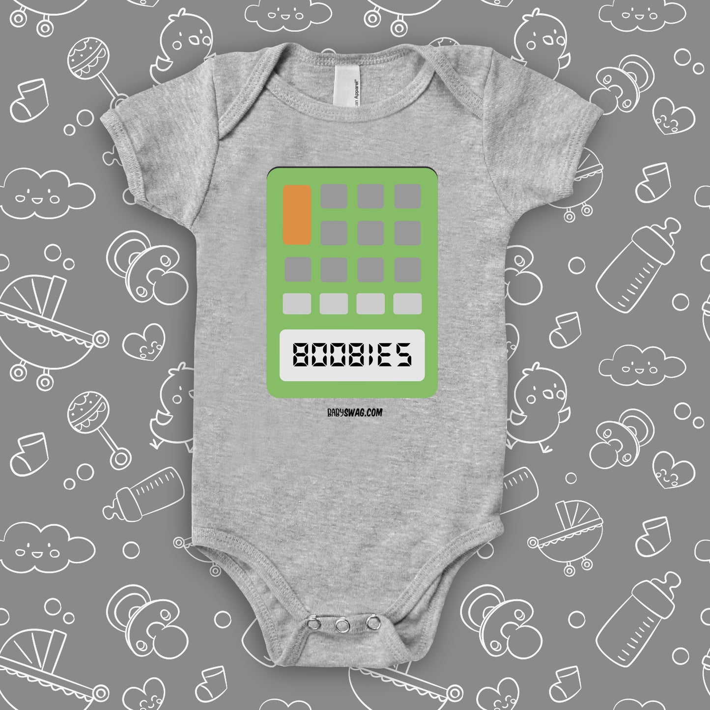 The "Calculator Boobies" graphic baby onesies in grey.