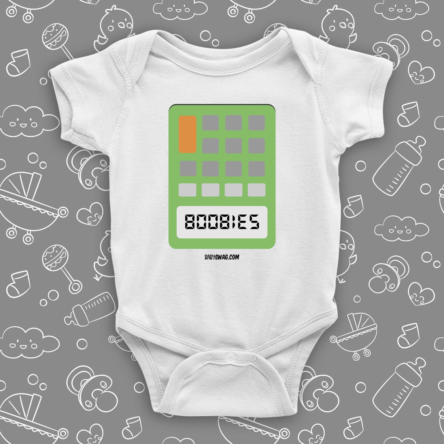 The "Calculator Boobies" graphic baby onesies in white.