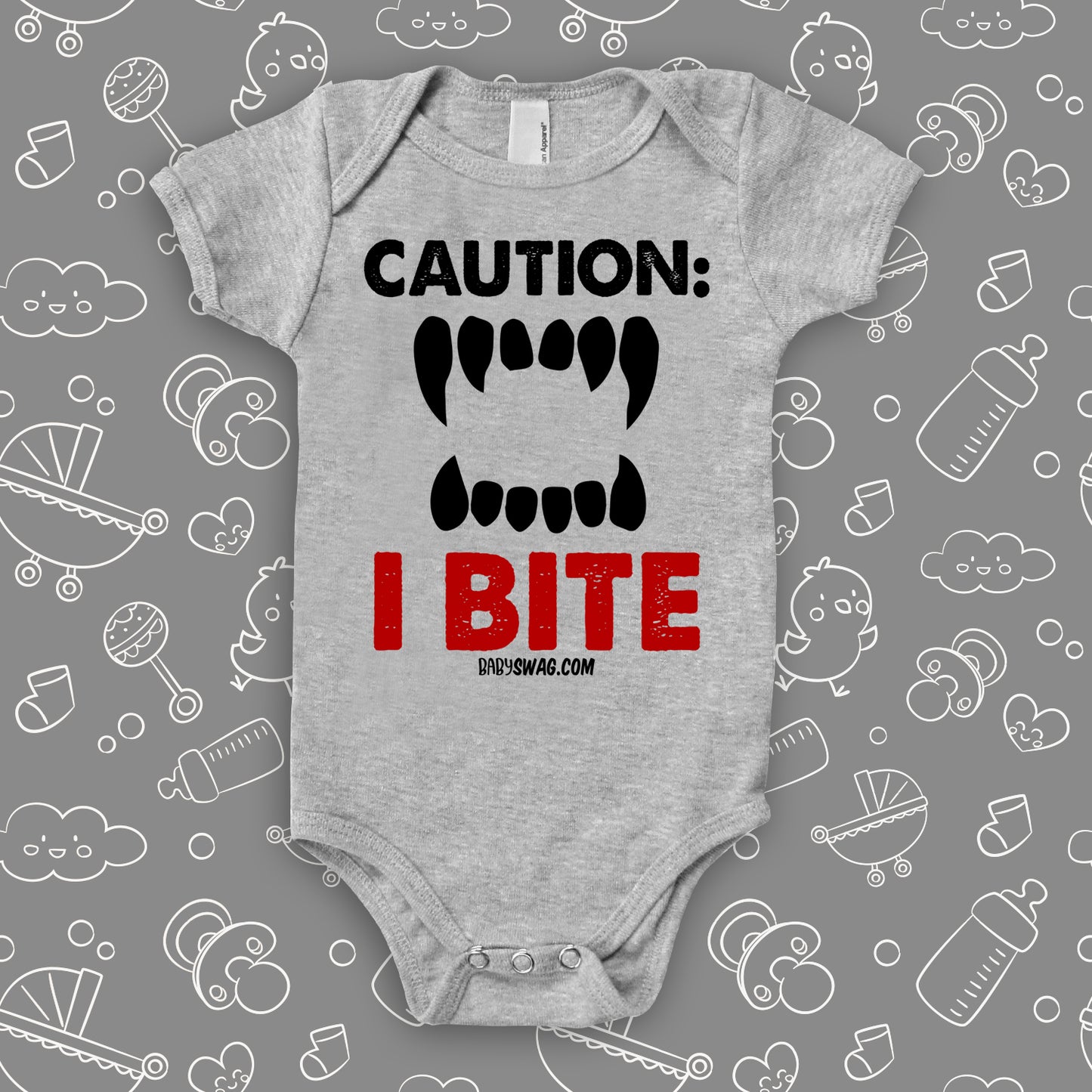 Funny baby onesie saying "Caution: I bite" with an image of scary teeth, color grey.