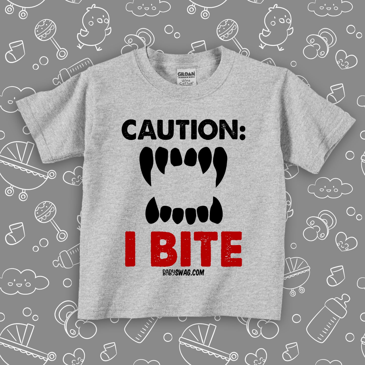 Toddler graphic tees with saying "Caution: I Bite" in grey.