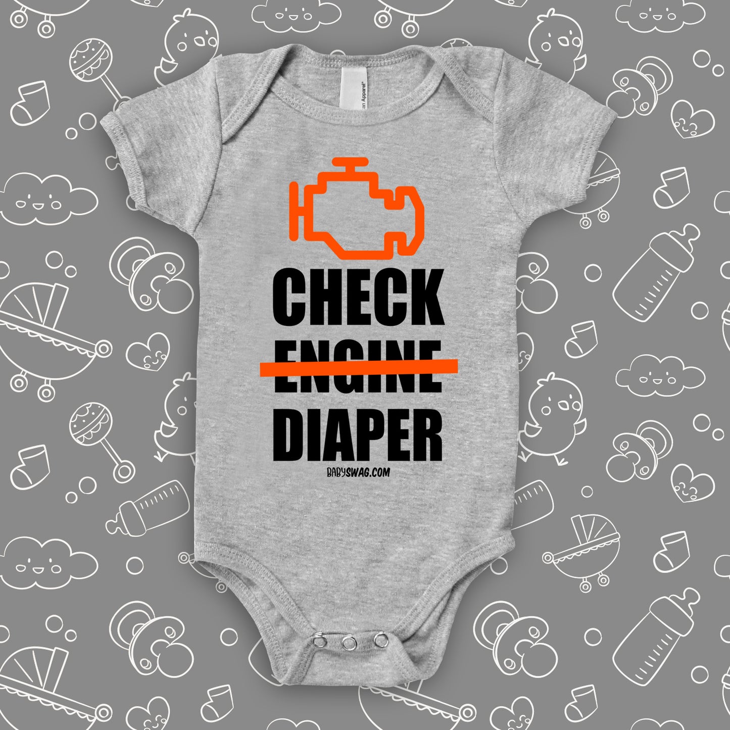 Funny baby onesies with saying "Check Diaper" in grey.