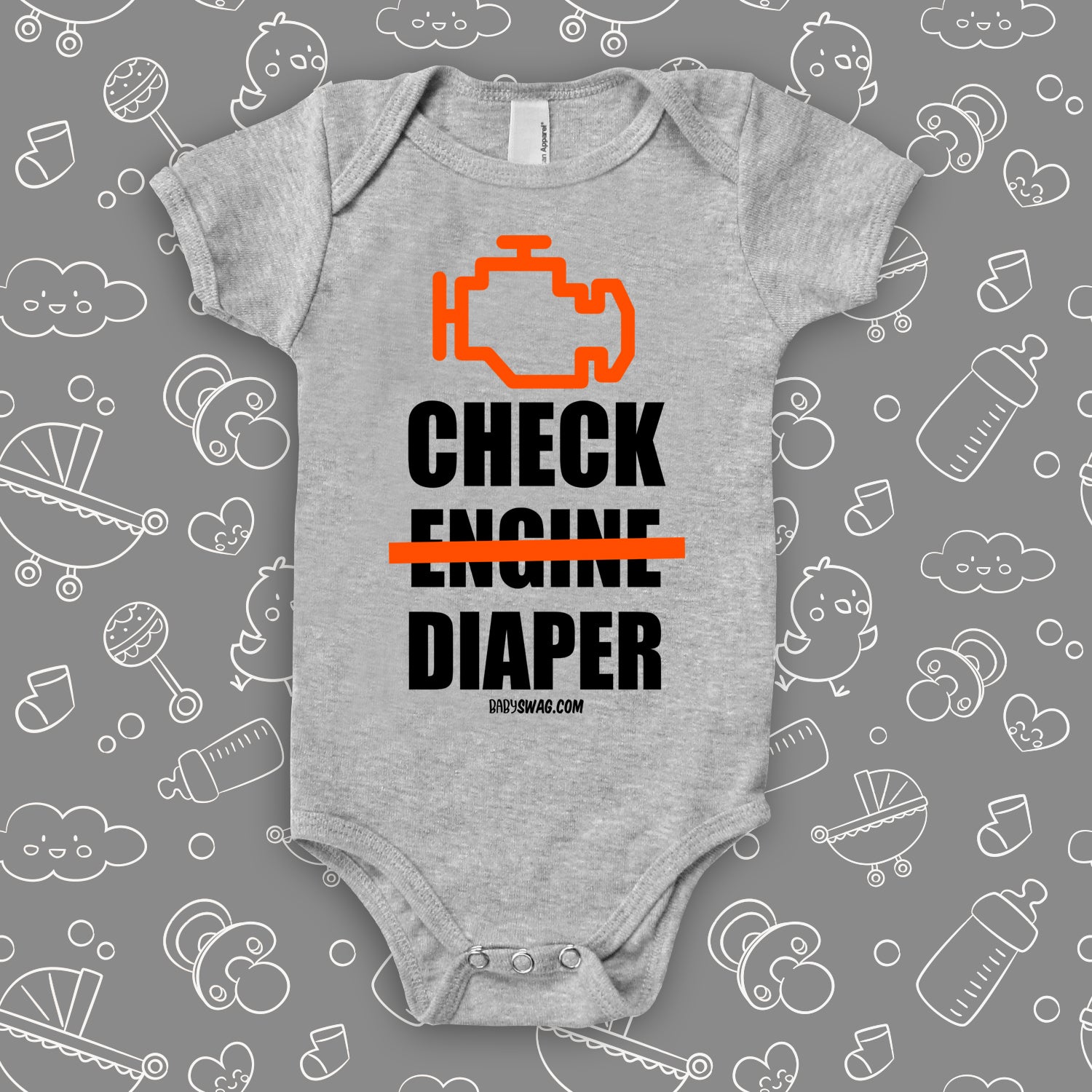Funny baby onesies with saying "Check Diaper" in grey.