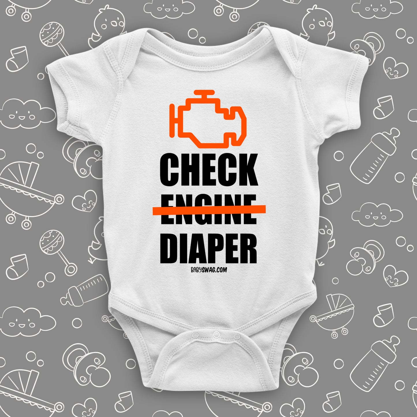 Funny baby onesies with saying "Check Diaper" in white.