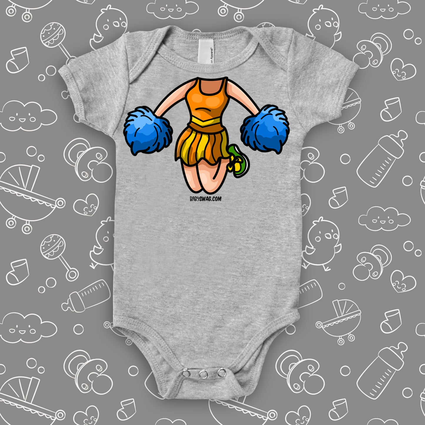 Grey  hilarious baby onesie with cheerleader bobblehead image.