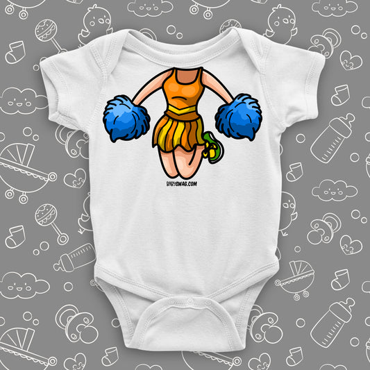 White hilarious baby onesie with cheerleader bobblehead image.