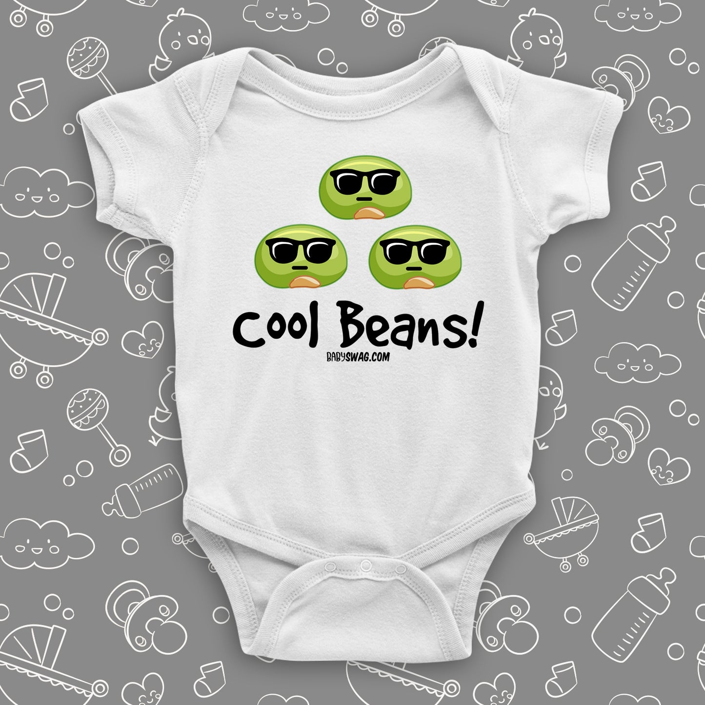 White cool baby onesie saying "Cool beans".