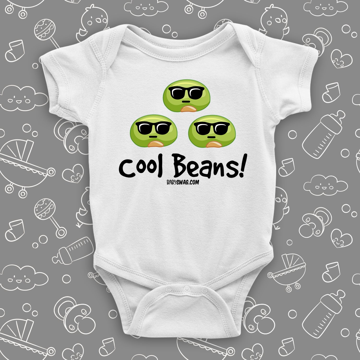 White cool baby onesie saying "Cool beans".