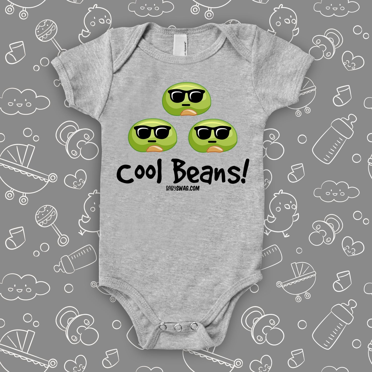 Grey cool baby onesie saying "Cool beans".