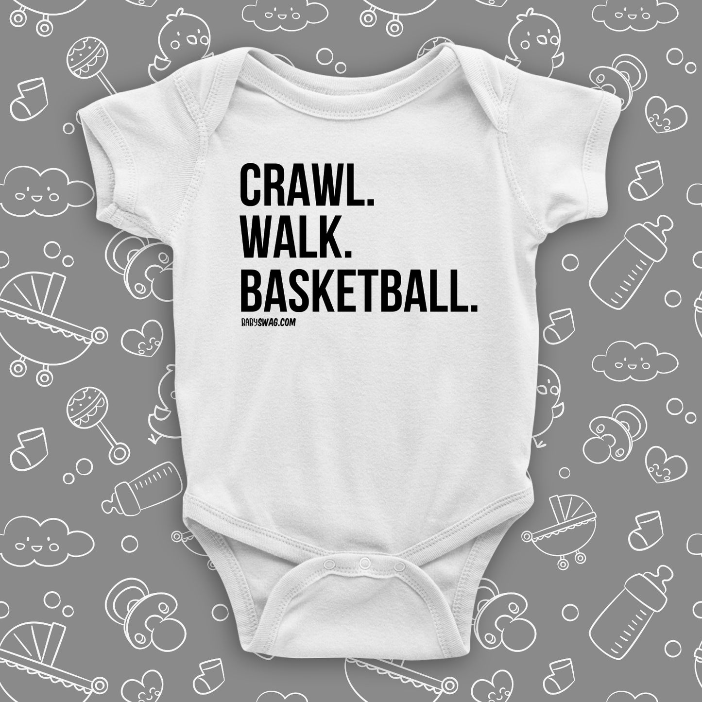 Cute baby boy onesies with saying "Crawl. Walk. Basketball" in white.