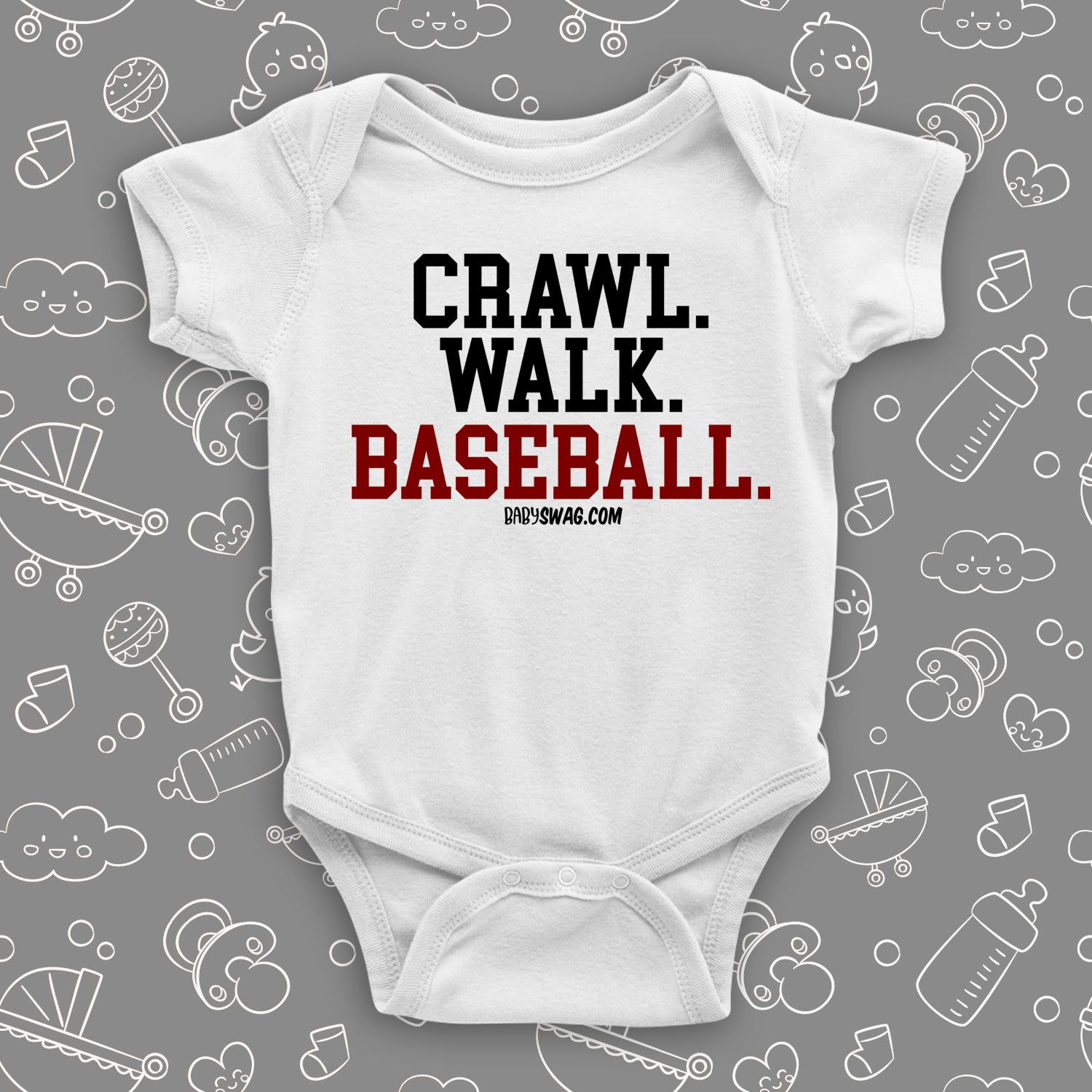 Cute baby boy onesies with the caption "Crawl. Walk. Baseball" in white.