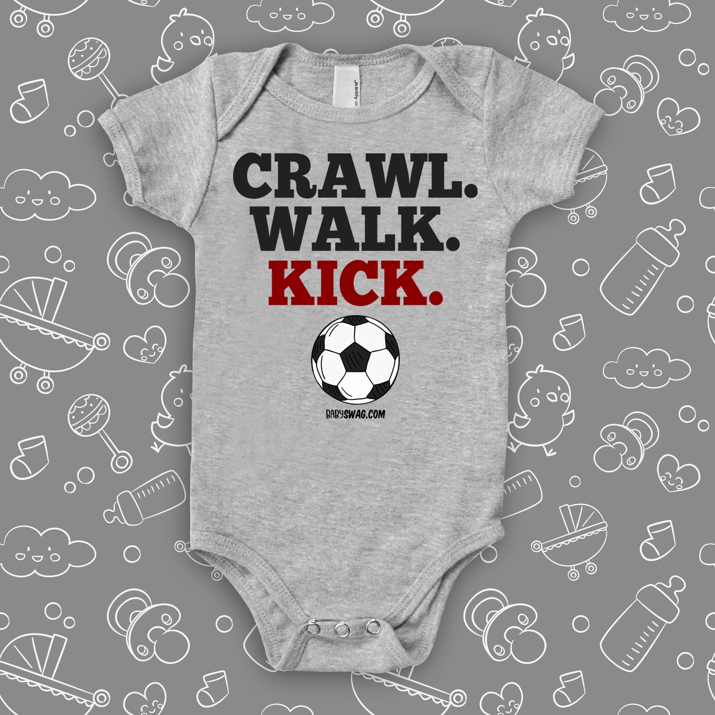 baby boy onesies with the caption "Crawl. Walk. Kick" in grey.