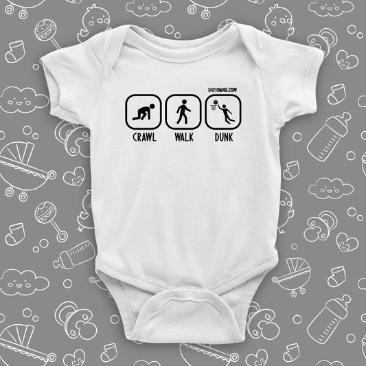 Baby boy onesies with saying "Crawl. Walk. Dunk" in white.