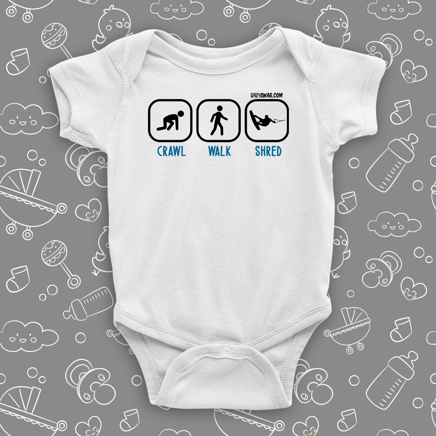 Cute baby boy onesies with saying "Crawl. Walk. Shred" in white.