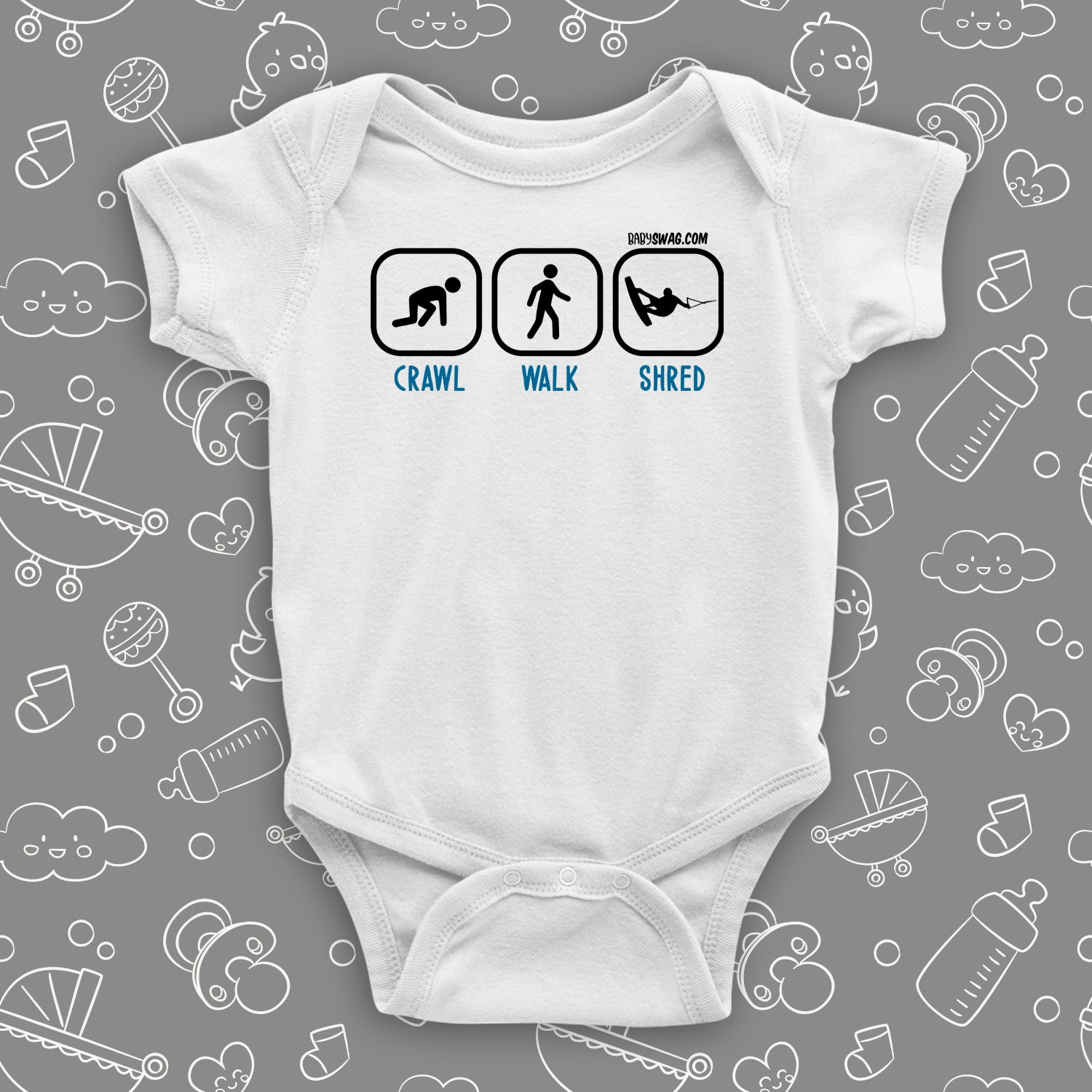 Cute baby boy onesies with saying "Crawl. Walk. Shred" in white.