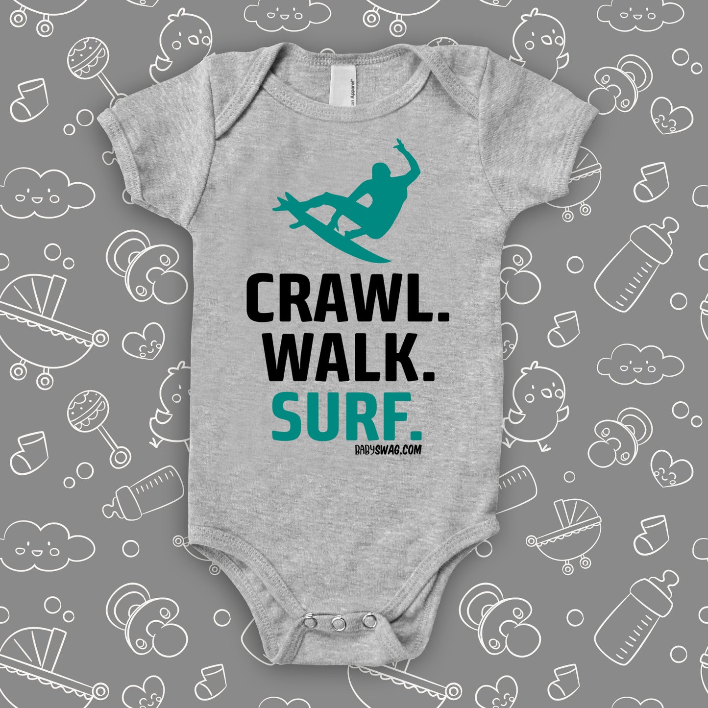 Unique baby boy onesies with saying: "Crawl. Walk. Surf" in grey.