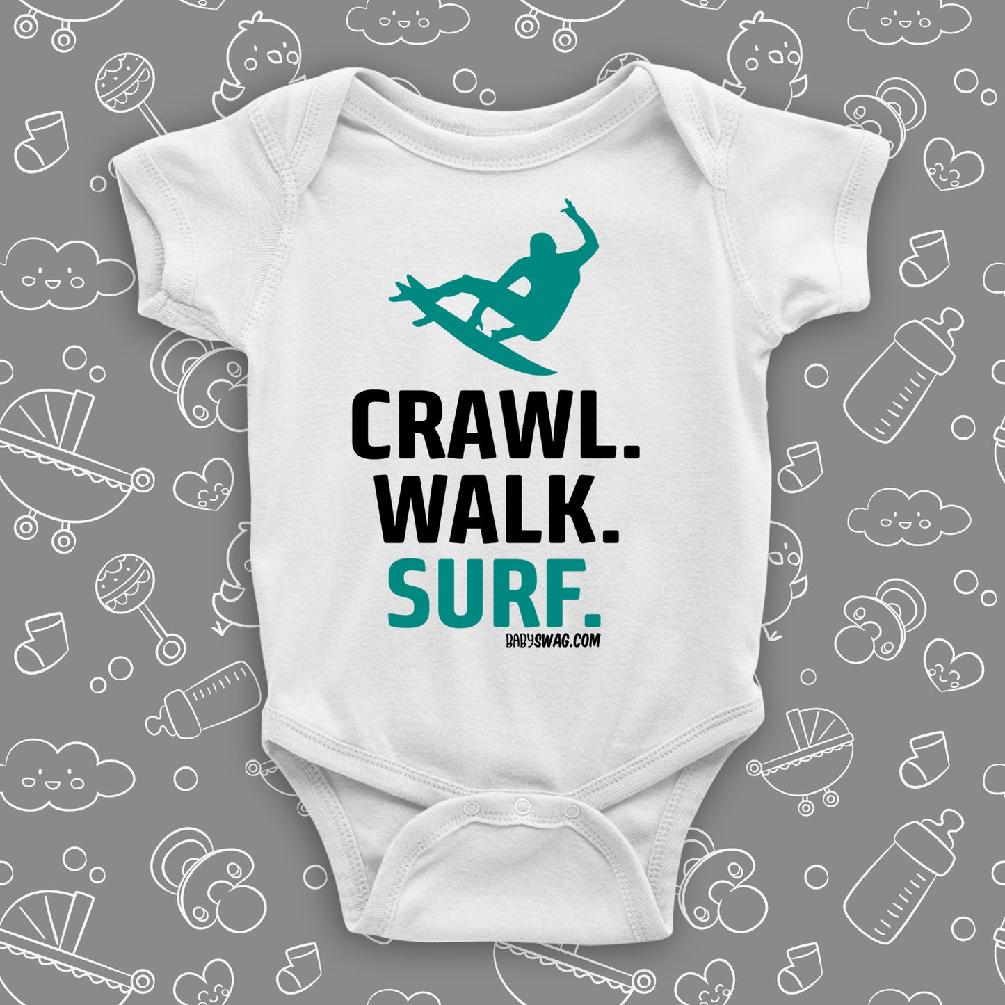 Unique baby boy onesies with saying: "Crawl. Walk. Surf" in white. 