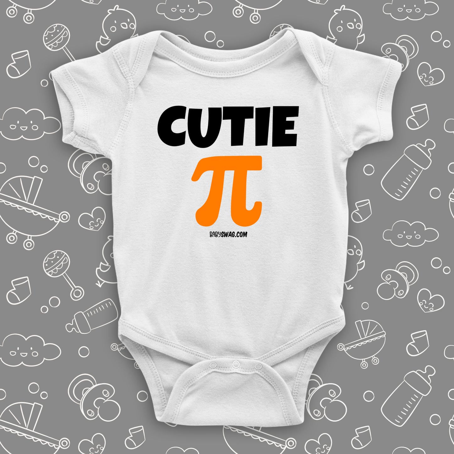 The "Cutie Pie" graphic baby onesies in white.