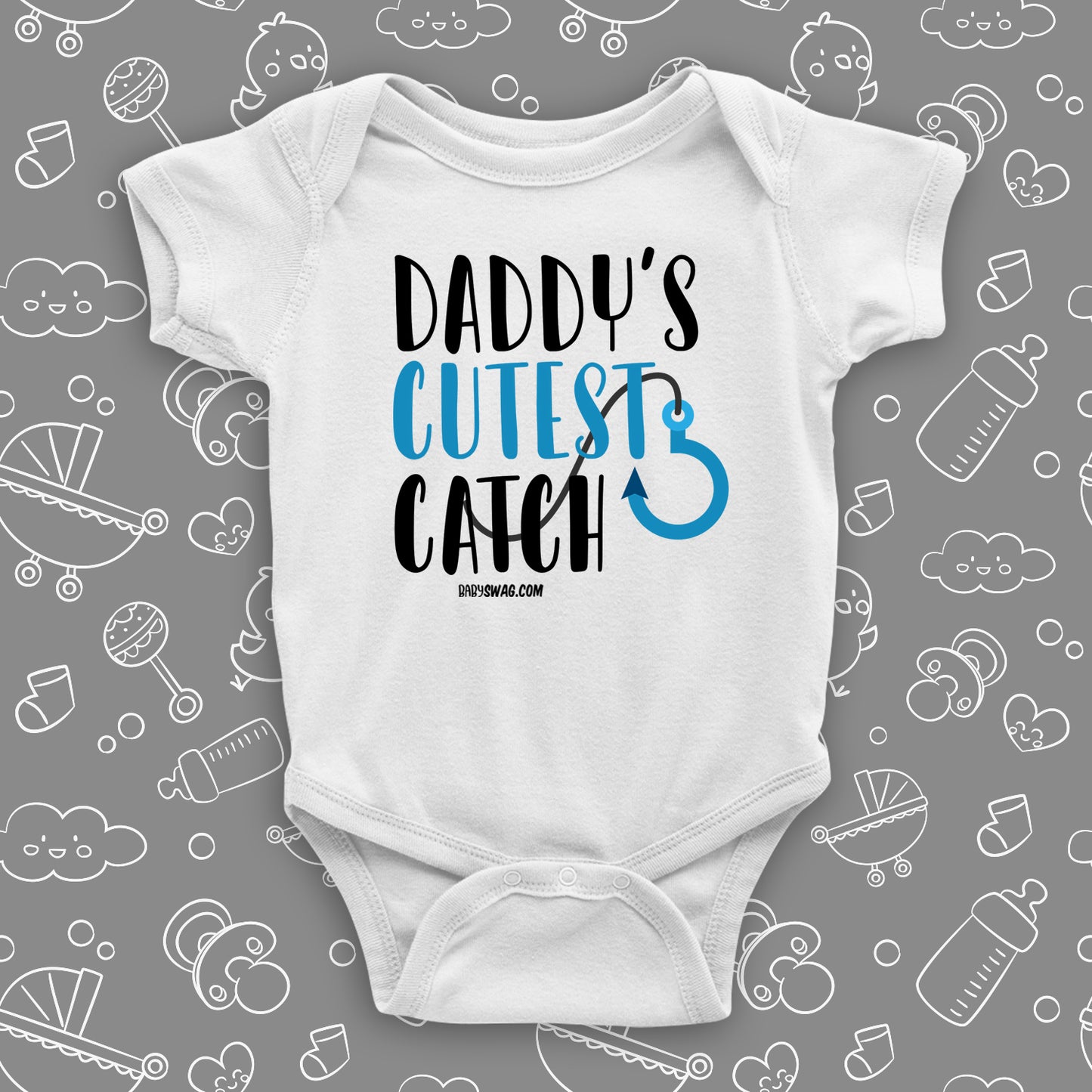 The "Daddy's Cutest Catch" cute baby onesies in white.