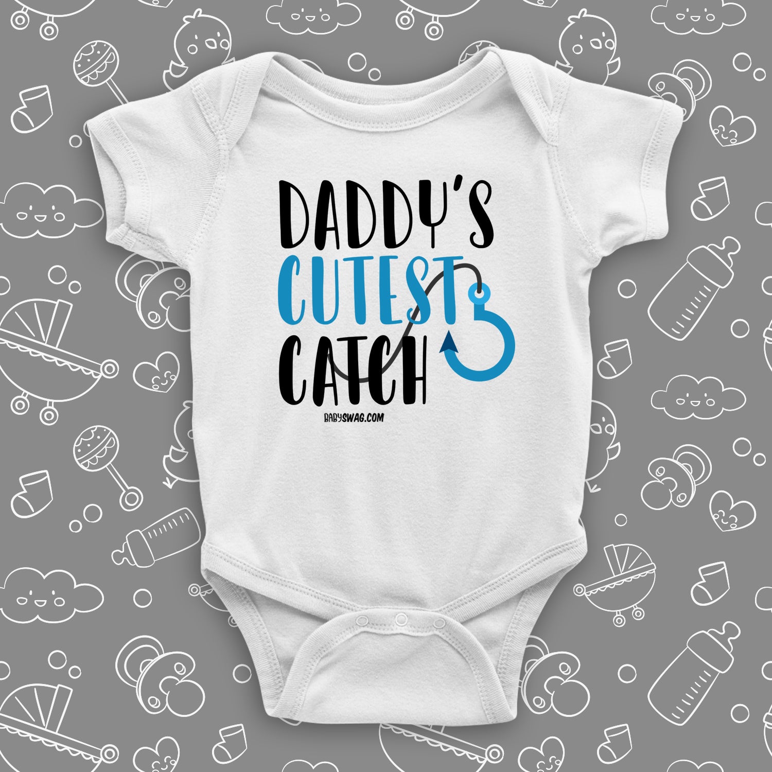 The "Daddy's Cutest Catch" cute baby onesies in white.