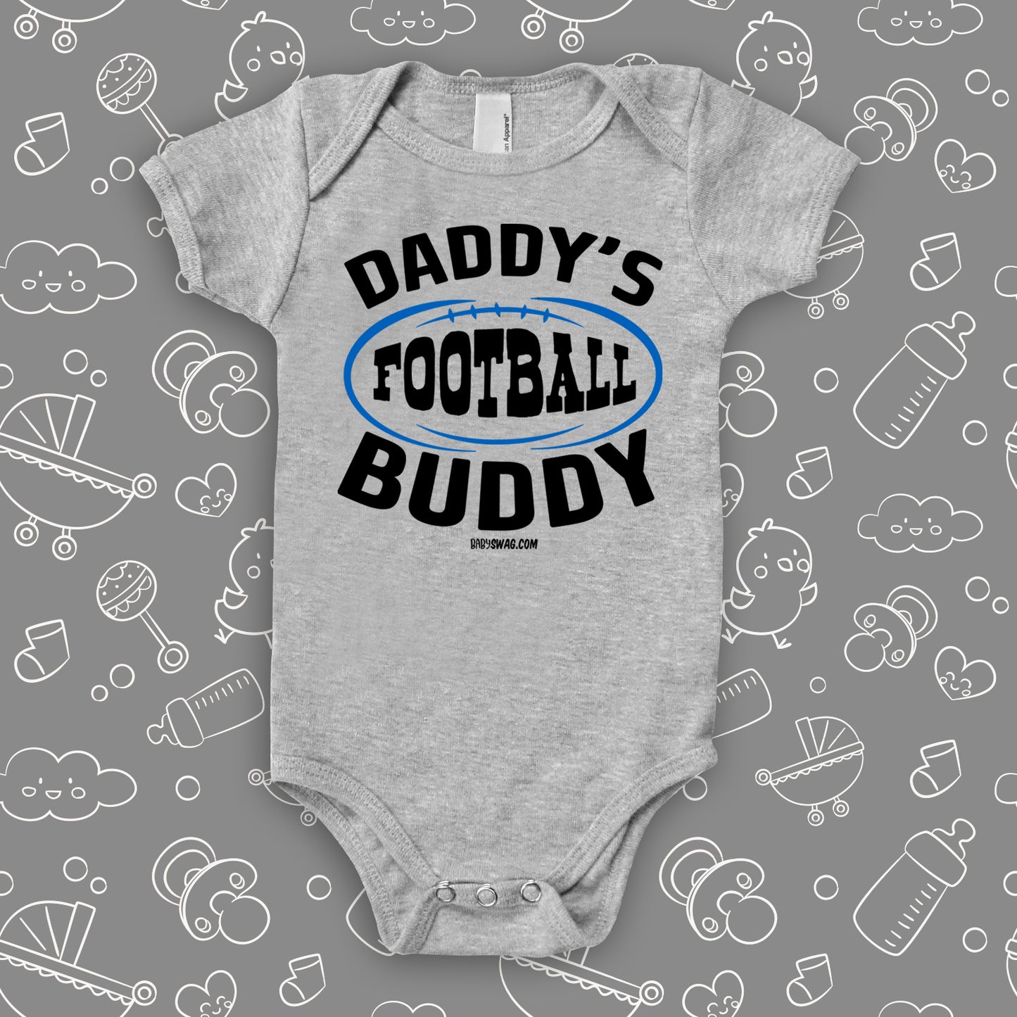 Cute baby boy onesies with saying "Daddy's Football Buddy" in grey.