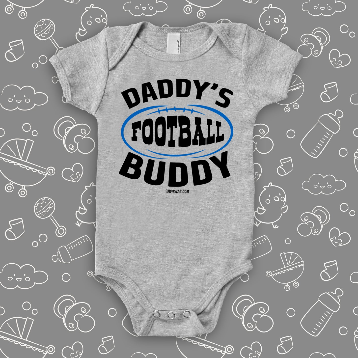 Cute baby boy onesies with saying "Daddy's Football Buddy" in grey. 