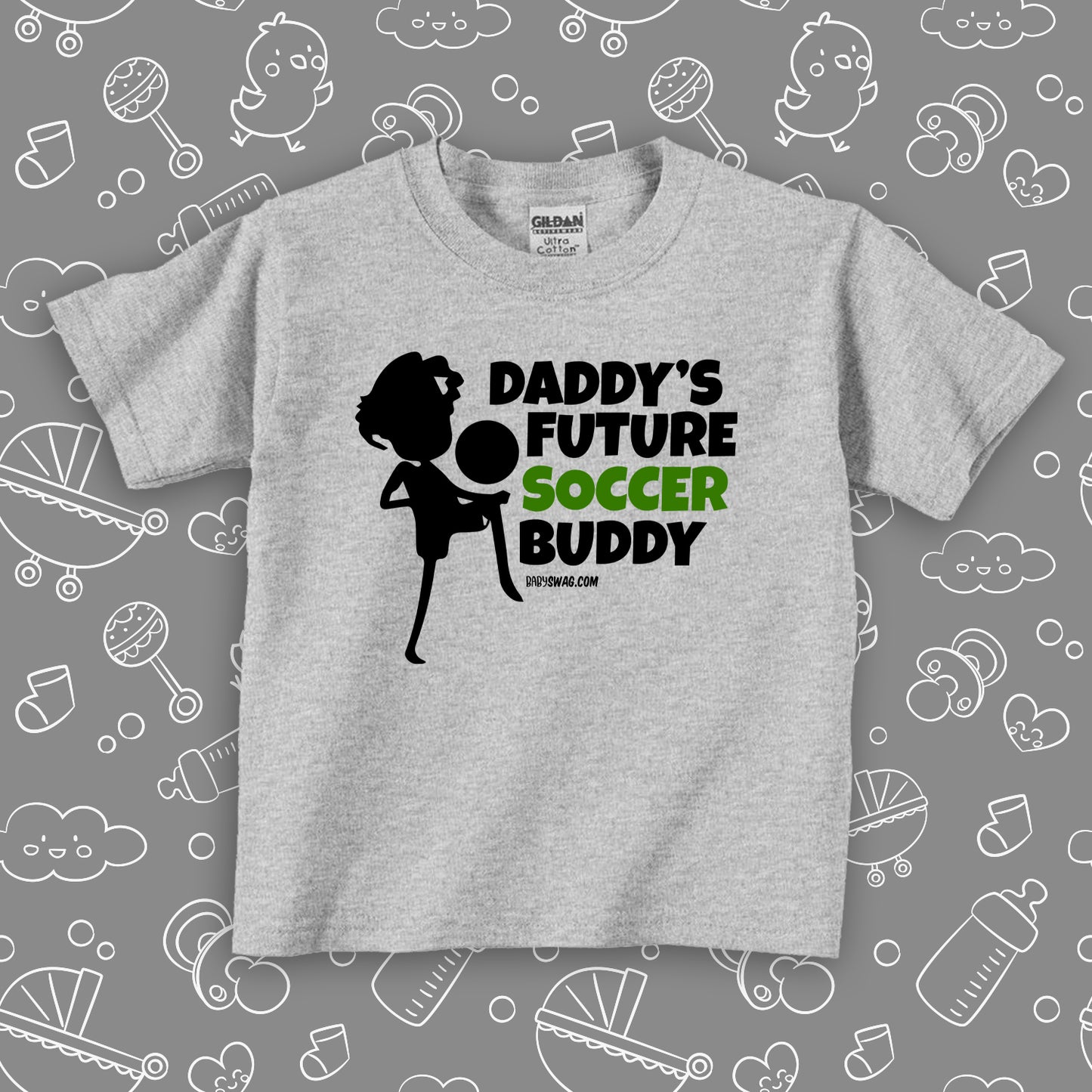 Toddler shirts with sayings "Daddy's Future Soccer Buddy" in grey.
