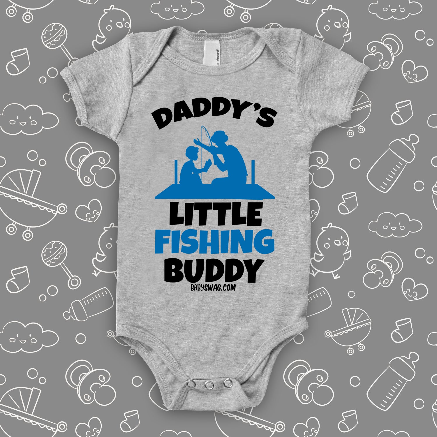 The "Daddy's Little Fishing Buddy" cute baby onesies in grey.