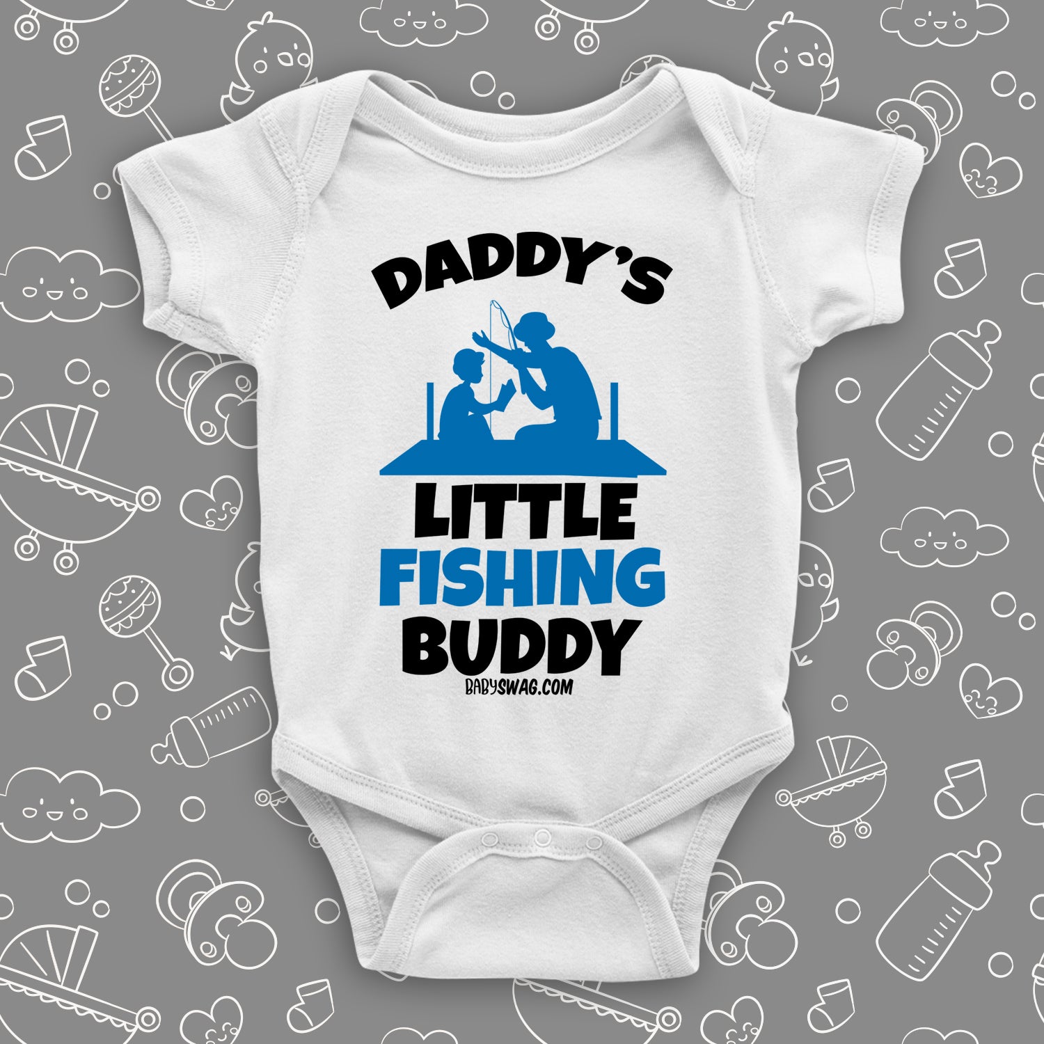 The "Daddy's Little Fishing Buddy" cute baby onesies in white.
