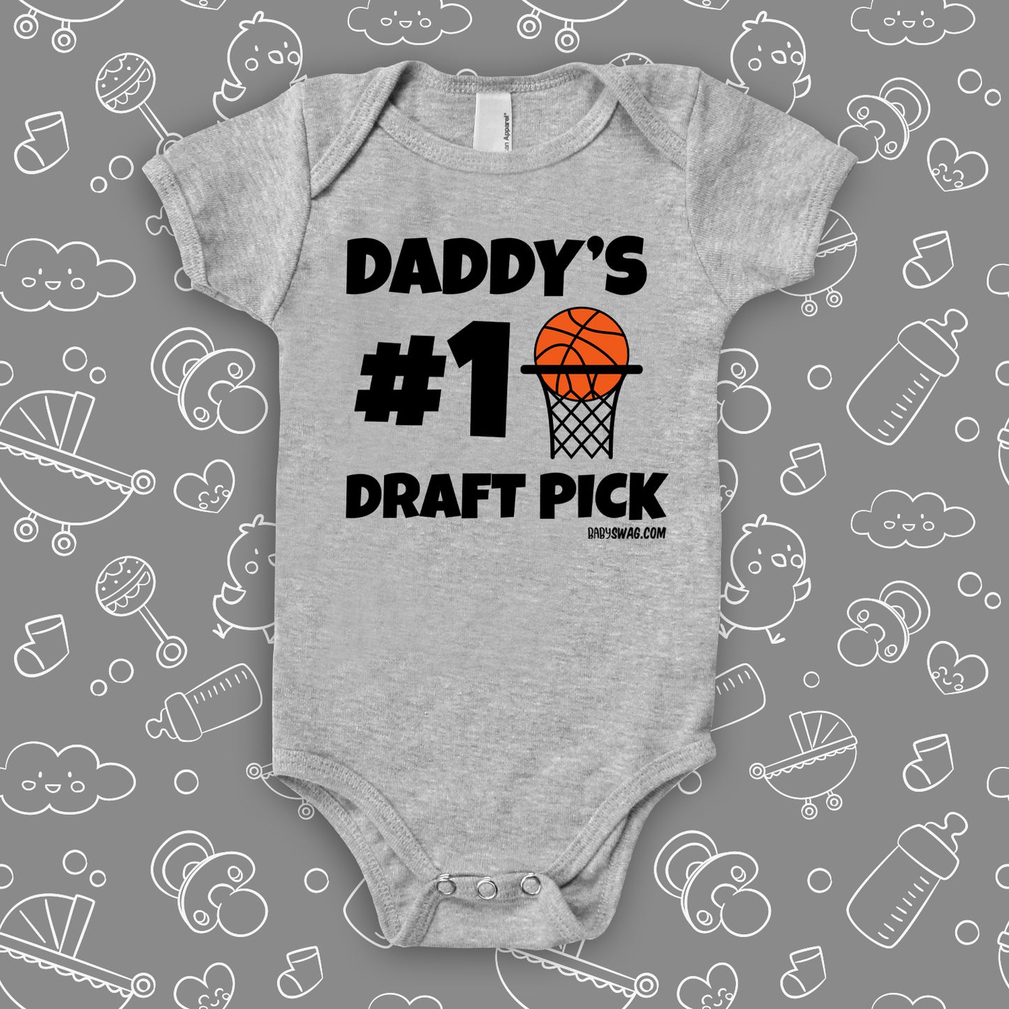 Cute baby onesies with saying "Daddy's #1 Draft Pick" in white. 